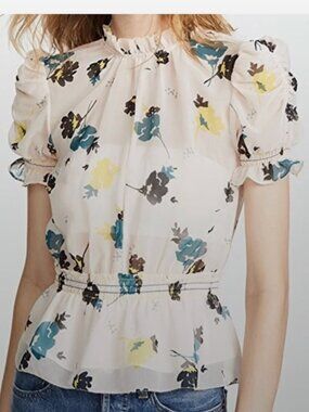 Self-Portrait Chiffon Split Front & Back Peplum Light Apricot Floral Blouse Sz 2